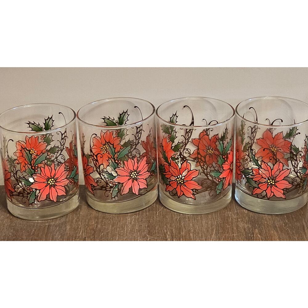 Vintage Libbey Glass Ponsettia Lowball Old Fashion Cocktail 12 oz Glasses Set 4